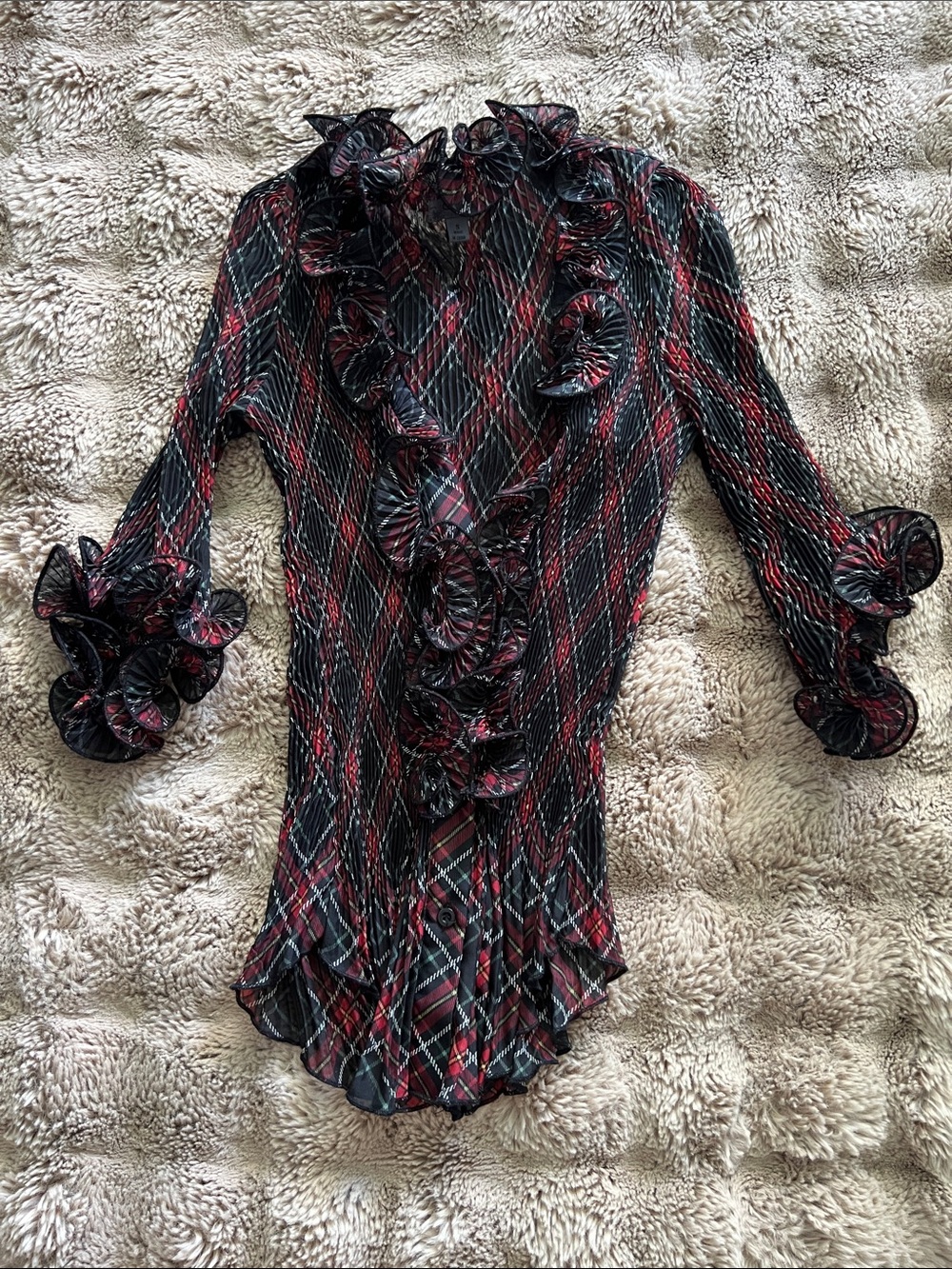 Ruffled Plaid Sheer Blouse - Black & Red